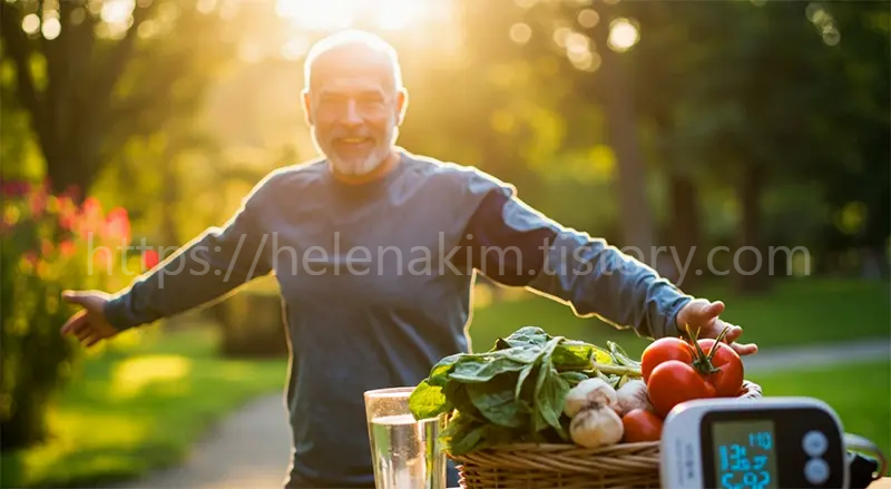 혈압 관리를 위한 운동과 신선한 채소 그리고 혈압계 이미지.