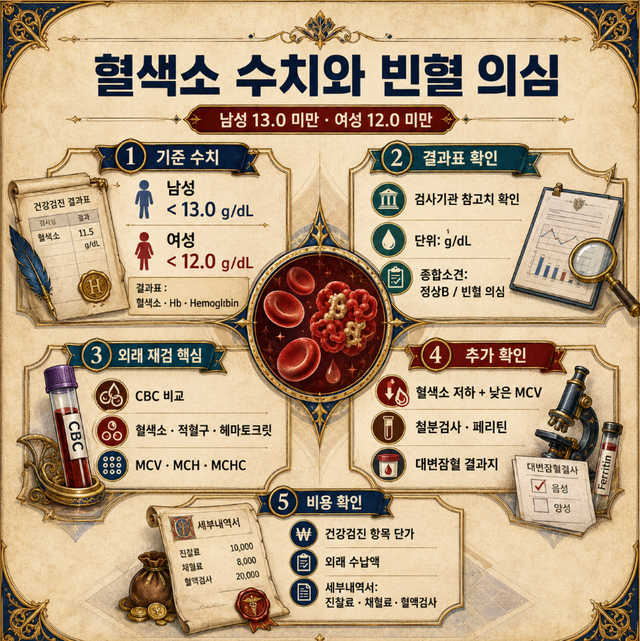 중세 서적 양식으로 정리한 혈색소 수치와 빈혈 의심 기준 인포그래픽