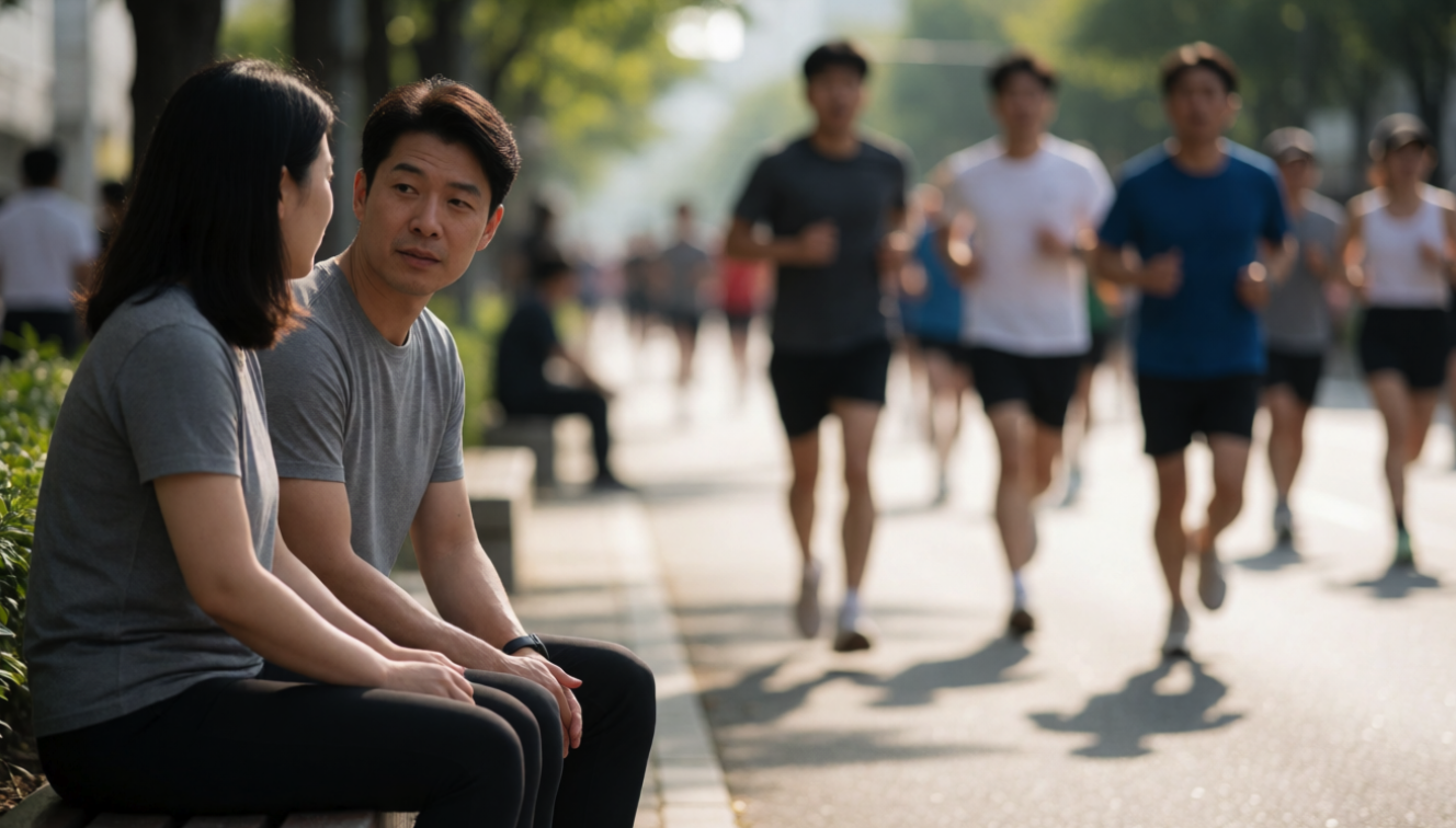 벤치에 앉아 대화하는 두 사람 뒤로 러닝크루가 지나가는 모습