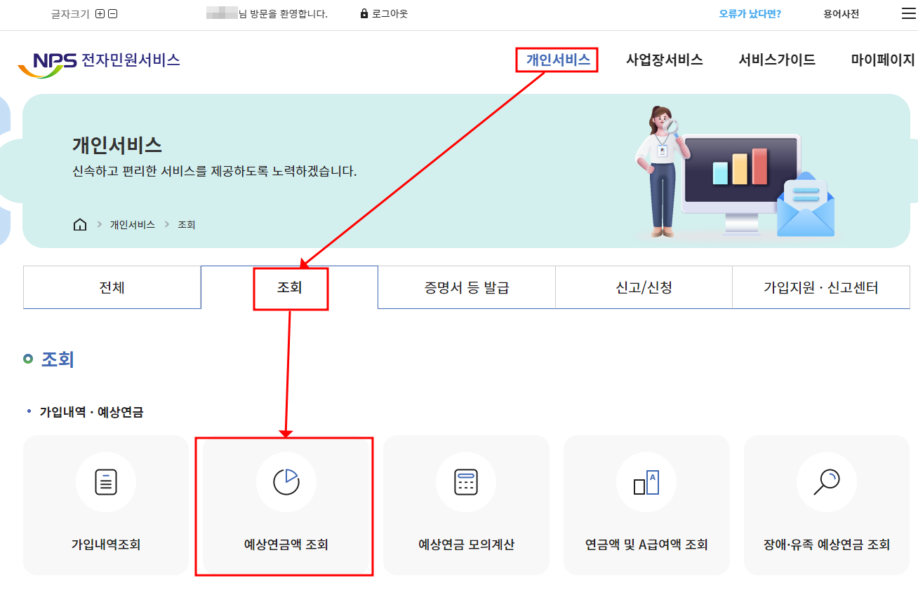 개인서비스 > 조회 > 예상연금액 조회