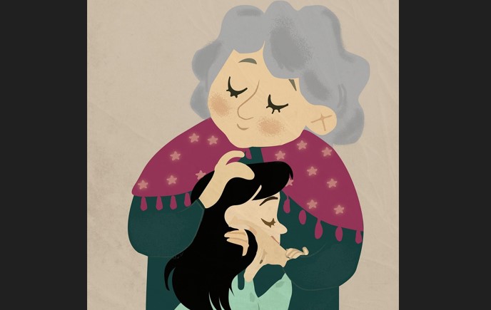 늙은 엄마가 젊은 딸을 포근히 감싸 안아주고 있는 그림