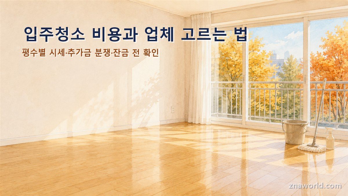입주청소가 끝난 깨끗한 아파트 거실과 청소 도구