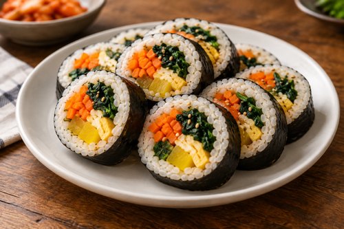 김천 김밥축제 접시에 담긴 여러 가지 김밥