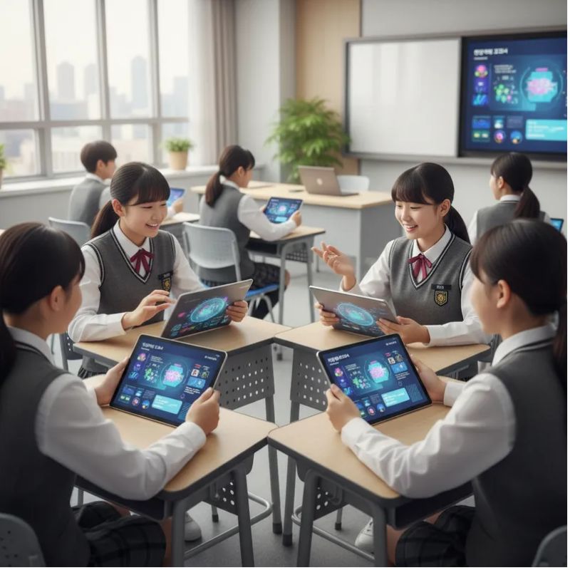 교실에서 학생들이 태블릿 PC를 활용해 인공지능 교과서로 학습하는 활기찬 모습