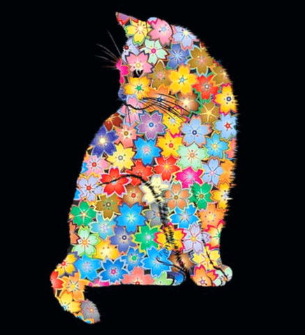 고양이가 고개를 돌려 옆을 본다. 몸 전체가 예쁜 꽃으로 장식된 고양이다. 노란꽃, 연보라색 꽃, 빨강꽃, 하늘색꽃이 가득하다.