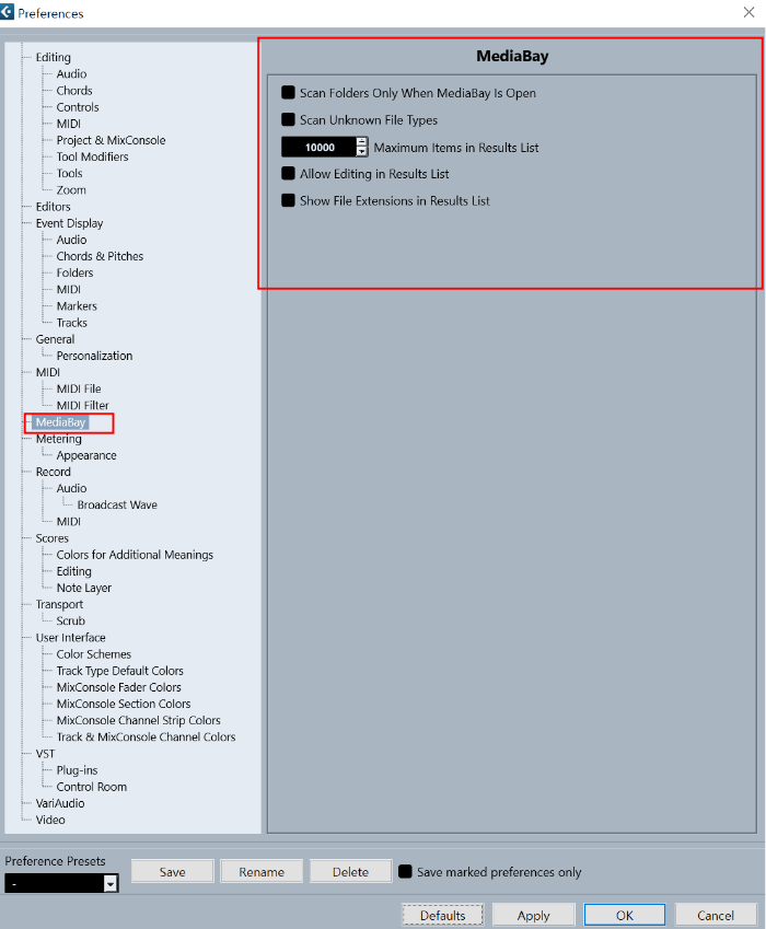 큐베이스 13 환경설정 중 MIDI - MediaBay