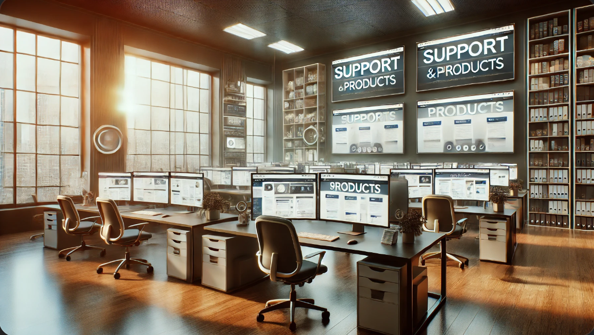 Modern office workspace with computer screens displaying various subdomain webpages.