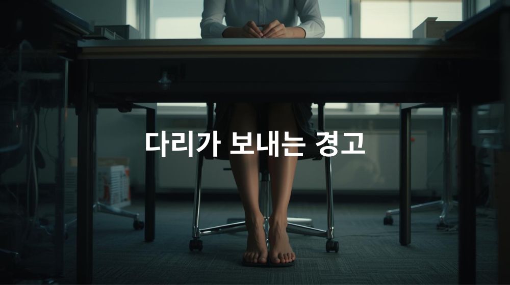 장시간 앉아 일하며 다리가 무거워 피로감을 느끼는 직장인의 모습