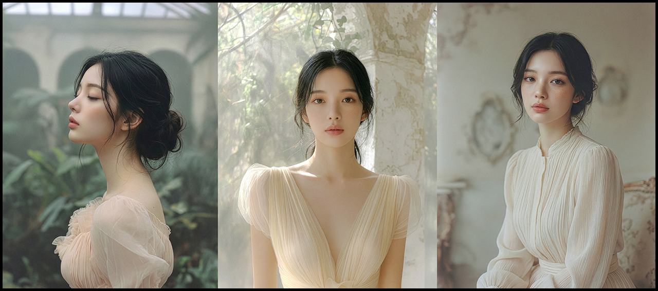 퓨어하고 엘레강스한 핵심 페르소나를 기준으로 미드저니에서 생성한 인물 패션 화보 이미지, 캐릭터 성격 시트를 기반으로 무드와 톤을 확장한 결과물_Midjourney &amp; Nano Banana