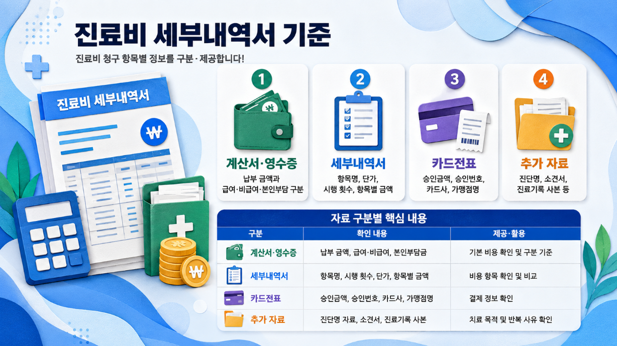 3. 진료비 세부내역서 기준과 비용 자료 구분을 설명하는 페이퍼아트 스타일 의료 인포그래픽