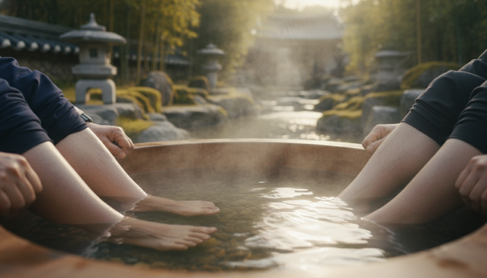 어르신 부부가 야외 족욕탕에서 따뜻하게 발을 담그며 휴식하는 모습.