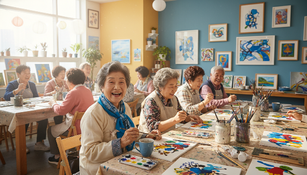 커뮤니티 미술 수업에서 다른 시니어들과 함께 그림을 그리며 즐거워하는 노년 여성, 활기찬 사회 활동과 교류의 중요성을 보여줌