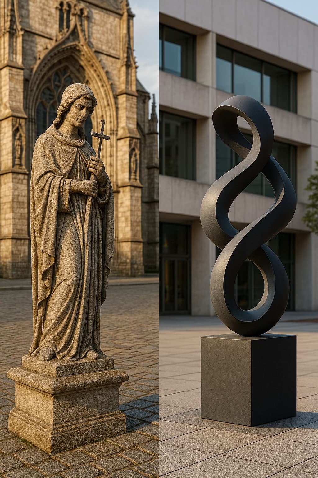 중세 조각상과 현대 조각 이미지