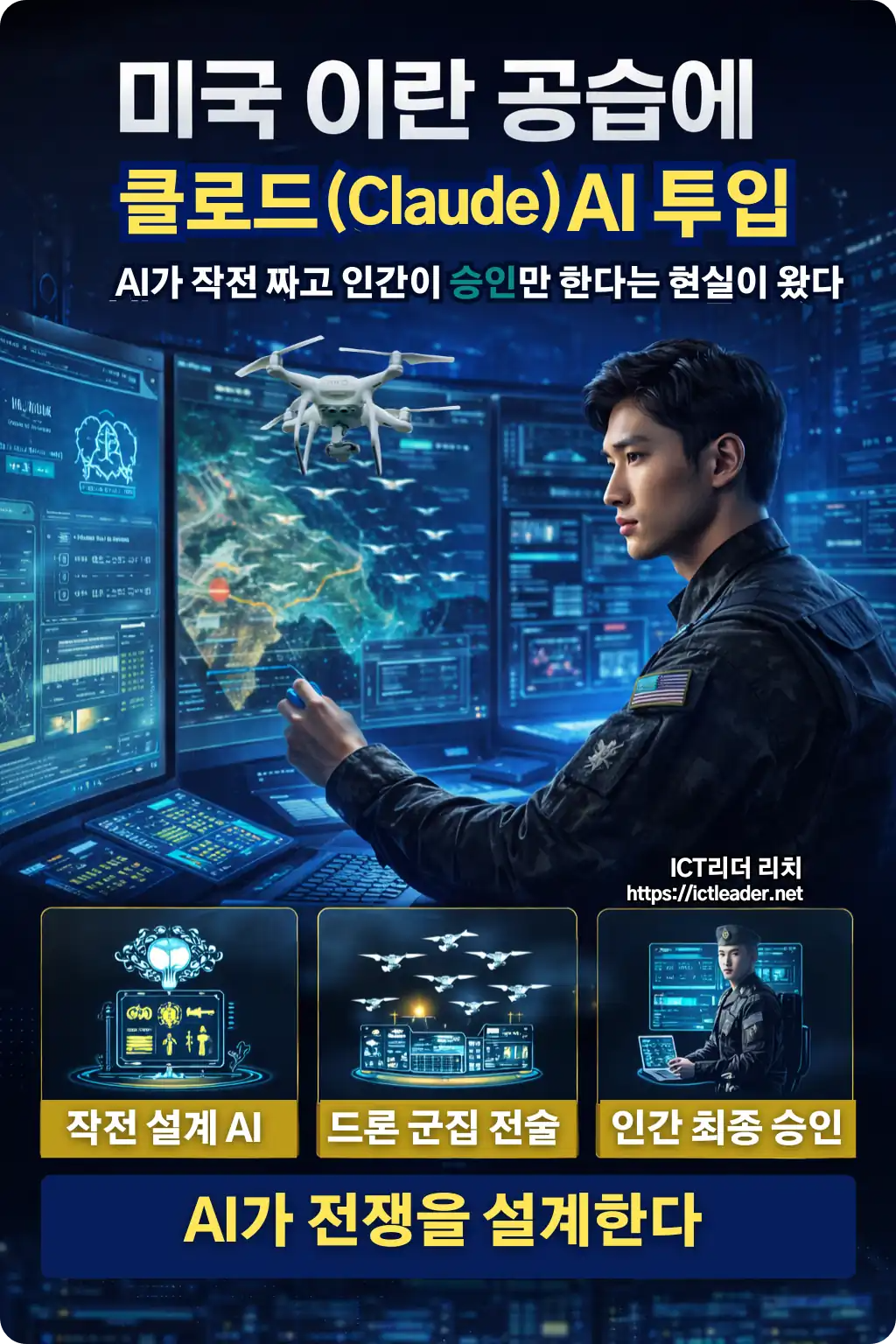 미국 이란 공습에 클로드 Claude AI가 투입된 군사 작전 인포그래픽, 남성 군인이 첨단 지휘 통제실에서 AI 전장 분석 화면을 조작하는 모습