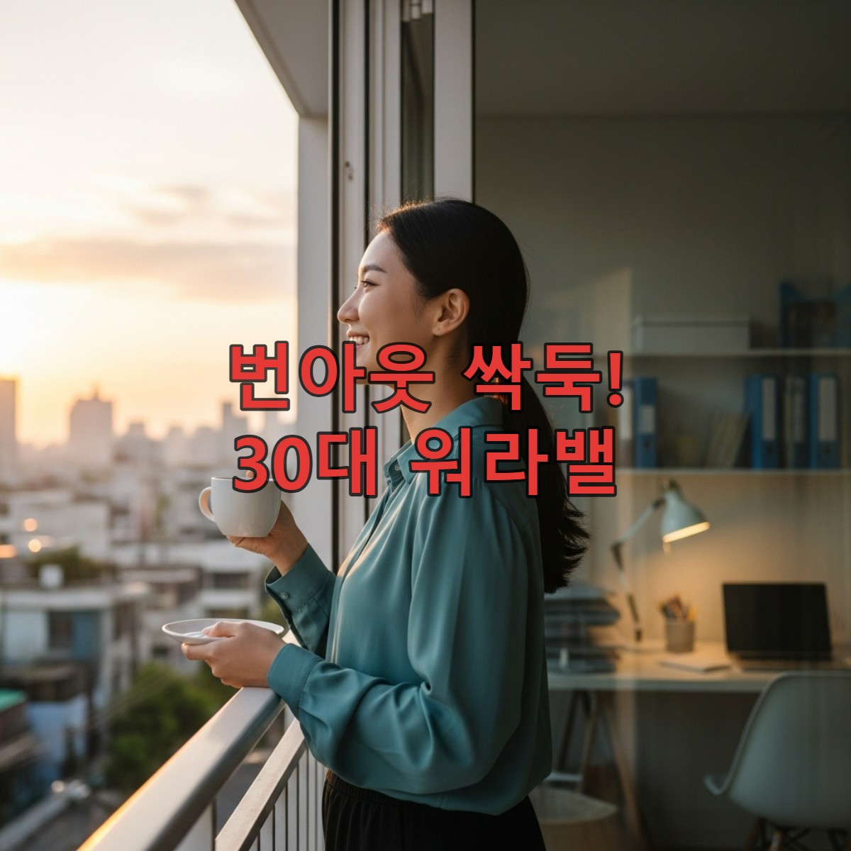창가에서 평화롭게 커피를 마시는 30대 직장인, 정리된 책상과 함께 활기찬 워라밸 라이프를 보여줍니다.