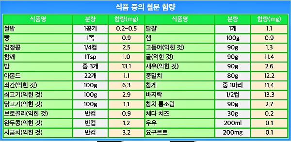 식단별 철분 함량표_출처:영양사 홈페이지
