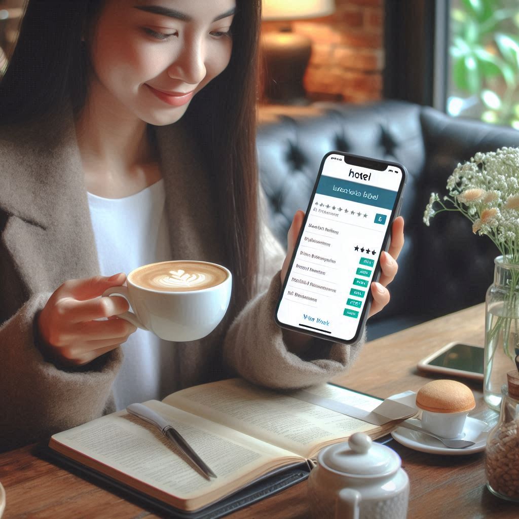A young woman booking a hotel on a smartphone app while drinking coffee at a cozy cafe. The phone screen shows hotel listings with star ratings.
