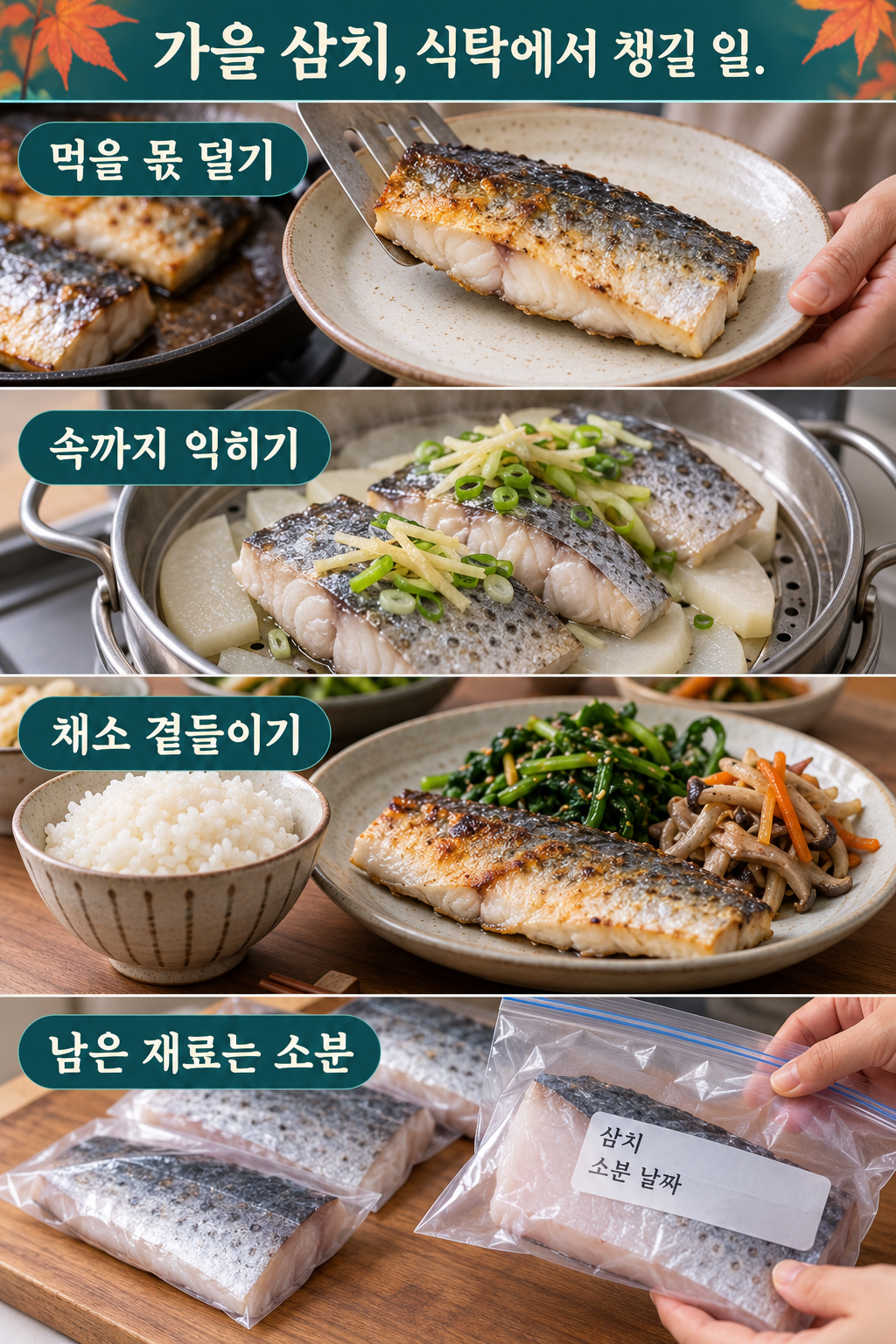 먹을 몫 덜기&middot;속까지 익히기&middot;채소 곁들이기&middot;원물 소분의 네 장면.
