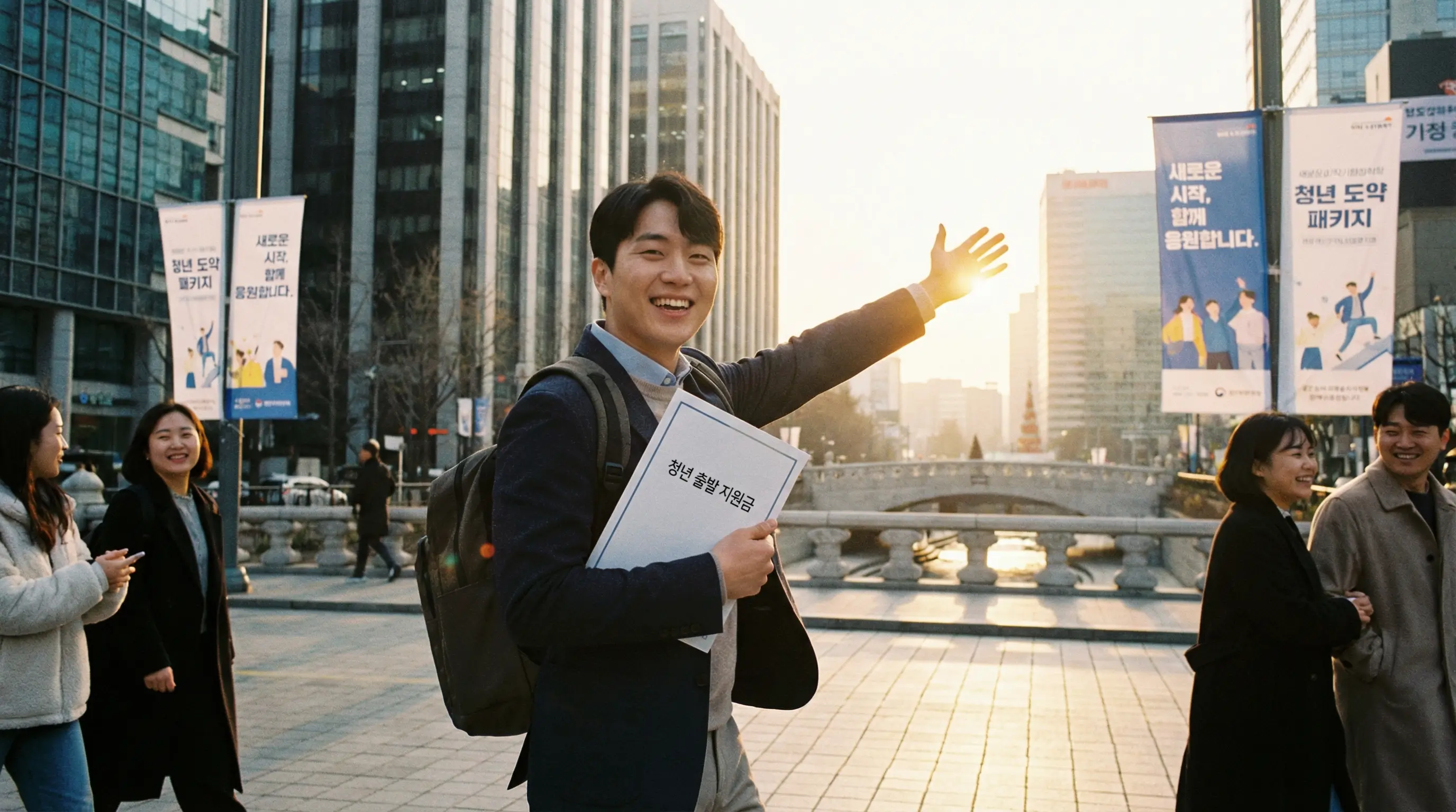 사회로 첫발을 내딛는 청년이 지원금 혜택을 받고 밝은 미래를 향해 걸어가는 희망찬 모습
