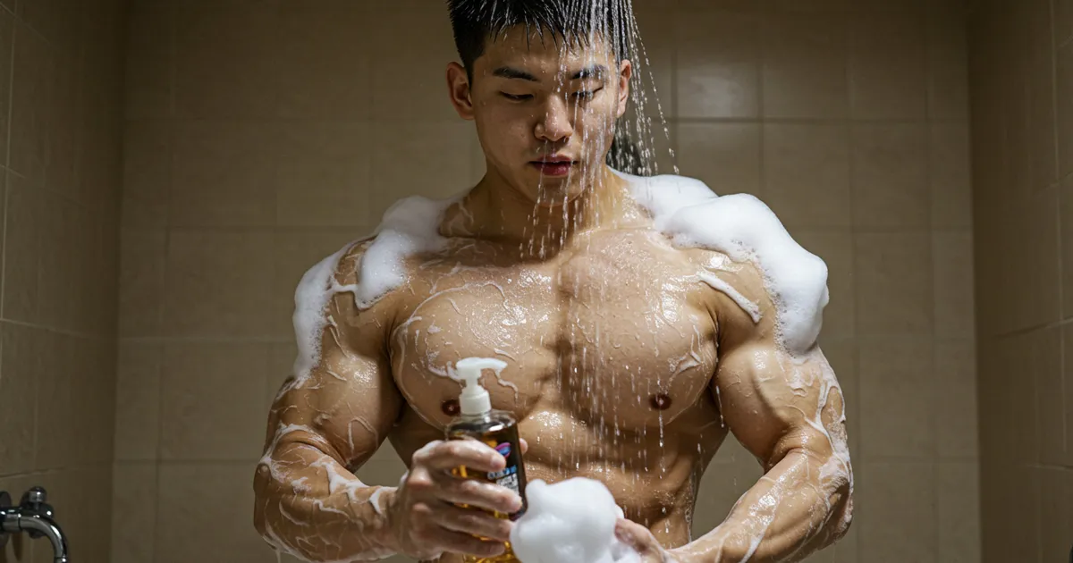 샤워실에서 목욕 중 바디워시를 들고 있는 운동선수 이미지