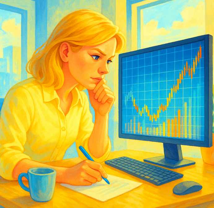 컴퓨터 화면을 보며 자료를 분석하며 정리하는 여성이미지