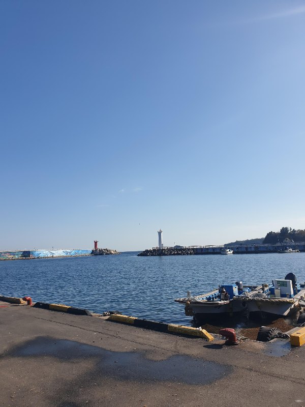 앞에 방파제와 바다가 보인다. 바다에는 정박 중인 작은 배들도 있다.