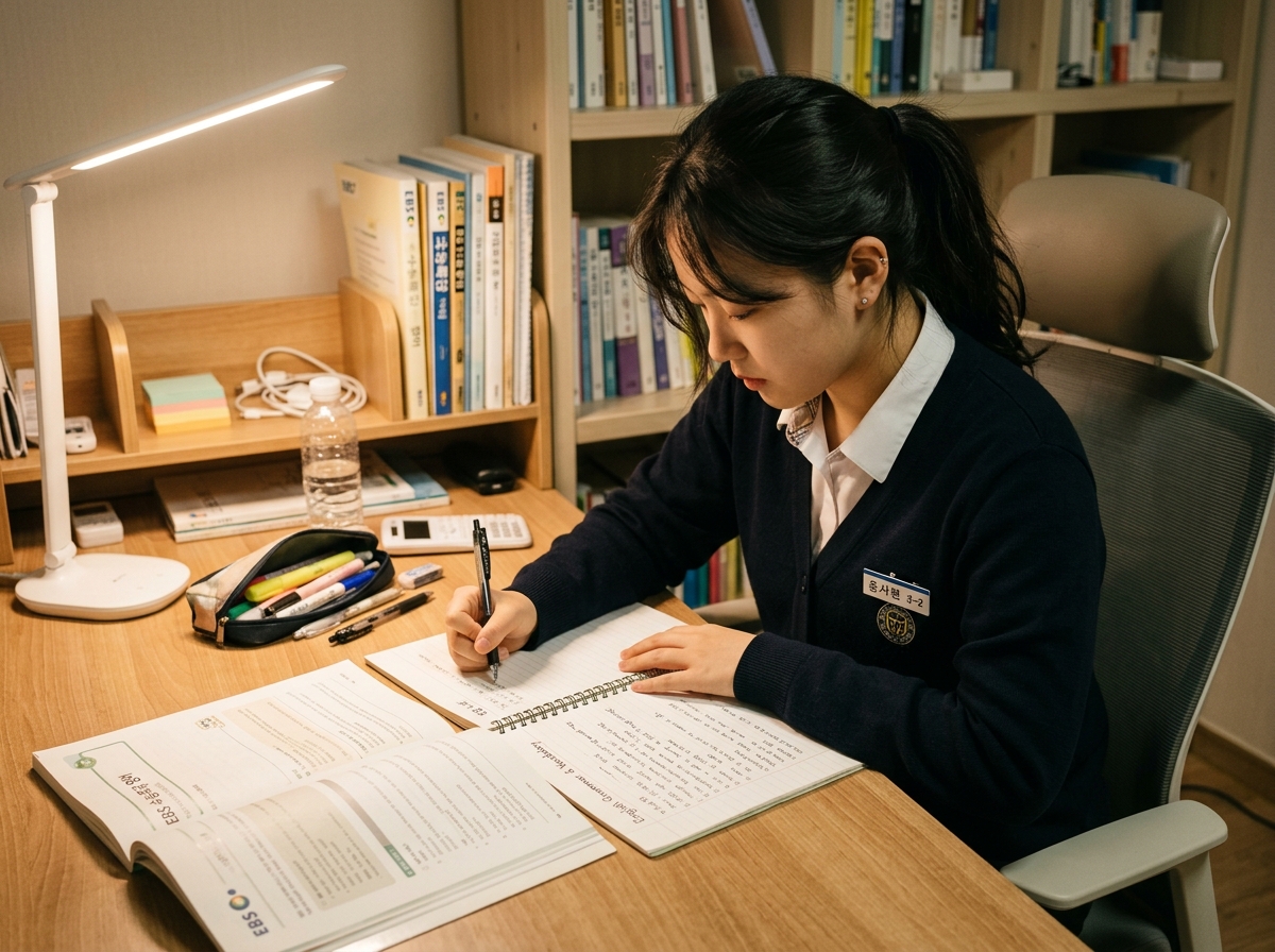 고등학생이 영어 교재를 보며 오답을 정리하는 모습