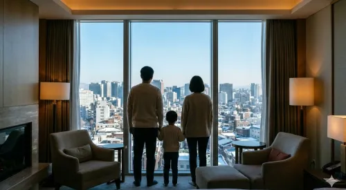 설 연휴 텅 빈 서울 도심을 바라보는 가족 뒷모습