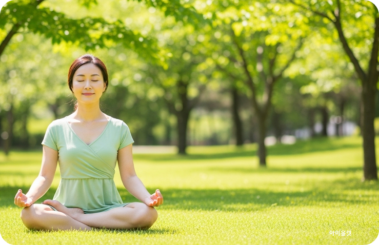 공원에서 명상하며 스트레스를 관리하는 여성