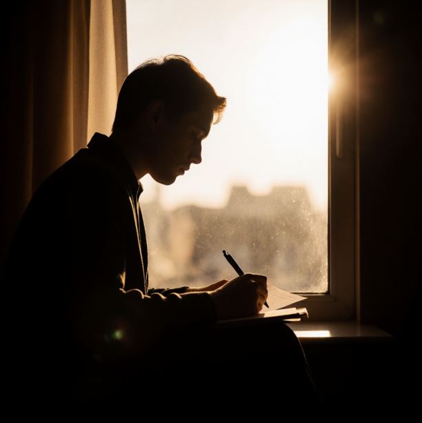 따뜻한 햇살이 비치는 창가에서 일기를 쓰고 있는 사람의 실루엣