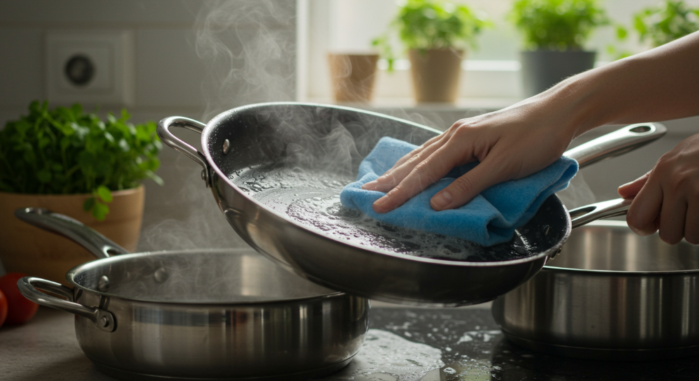 스테인리스 냄비와 팬에서 연마제를 제거하는 모습. 거품과 증기가 있는 친환경 세척제로 광택이 나는 표면을 부드럽게 닦는 손과 깨끗하고 반사되는 스테인리스 주방용품. 건강한 주방 환경을 강조.