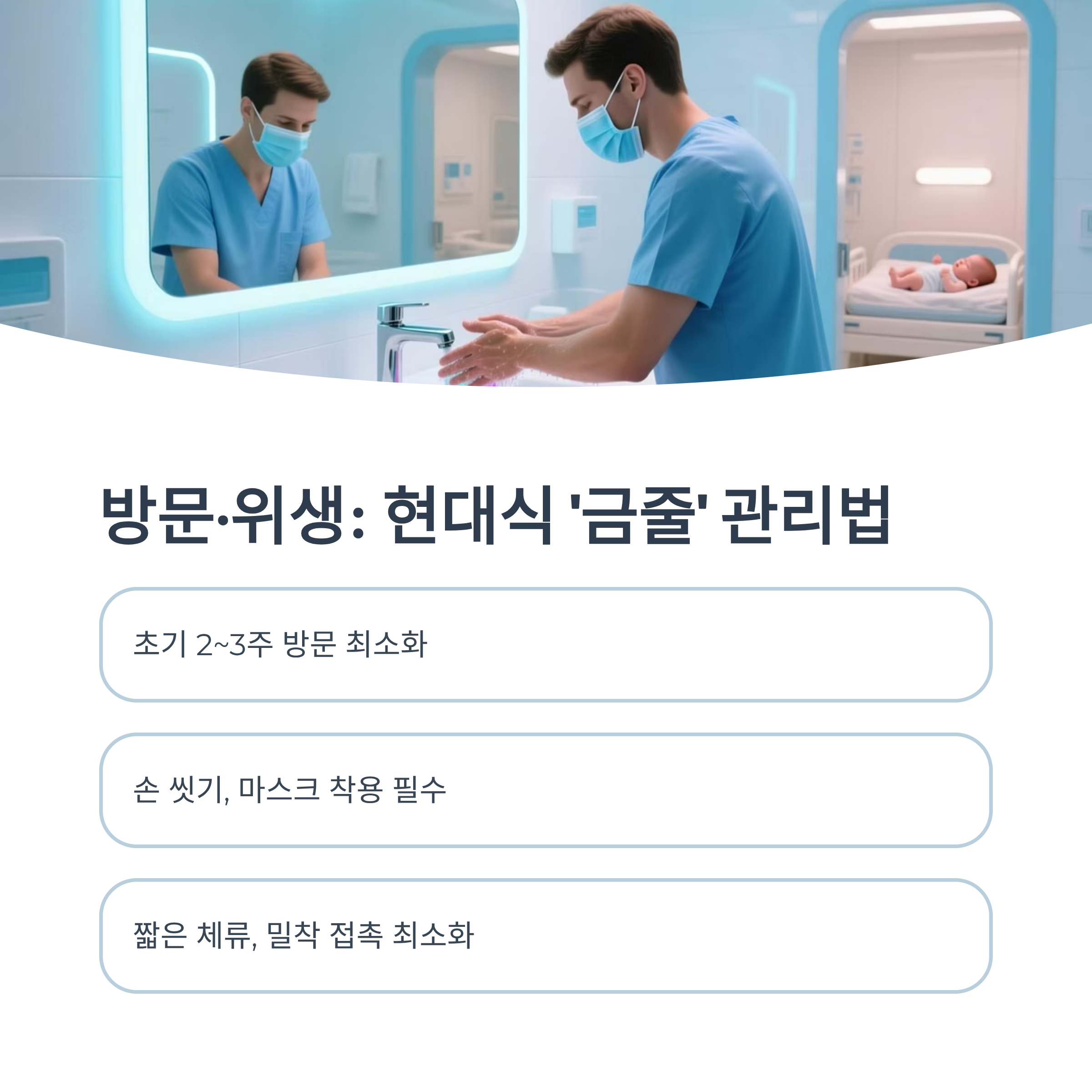 산후 초기 방문·위생 관리법(금줄 개념의 현대적 적용)을 설명하는 인포그래픽 이미지