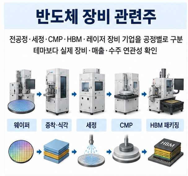 반도체 장비 관련주와 원익IPS 유진테크 주성엔지니어링 HPSP 피에스케이 케이씨텍 한미반도체 이오테크닉스를 공정별로 보여주는 투자 교육용 이미지