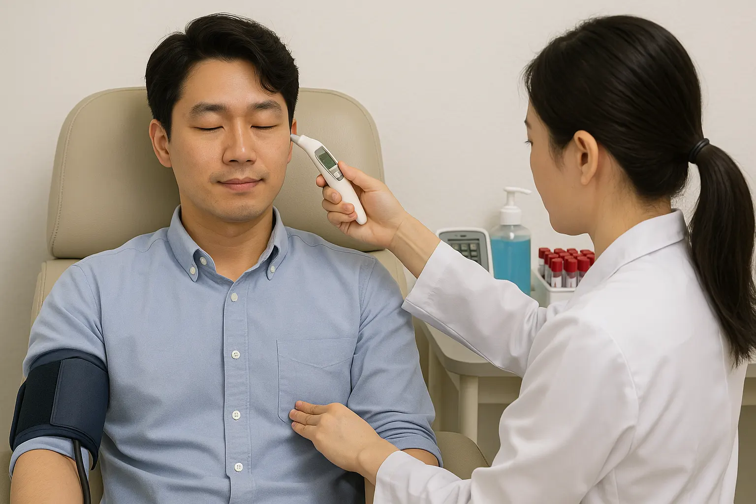헌혈 전 혈압·체온·맥박을 측정받는 사람