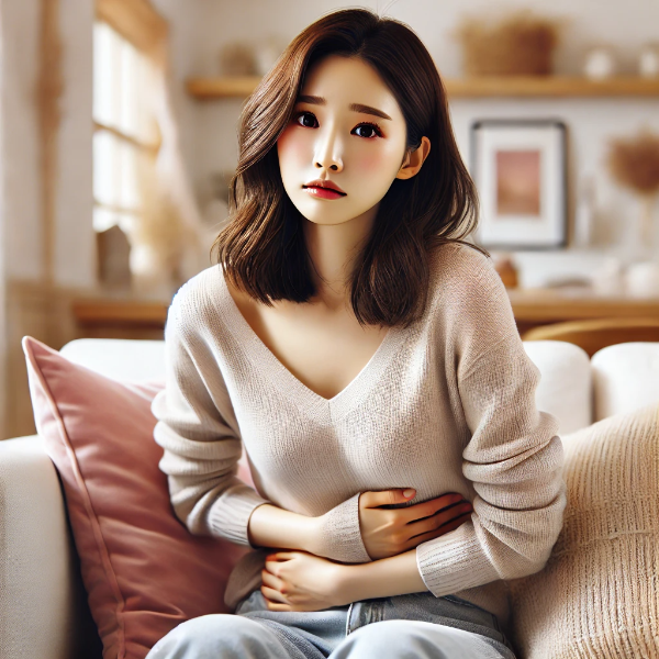 곰팡이 난 빵을 먹고 배 아파하는 여자