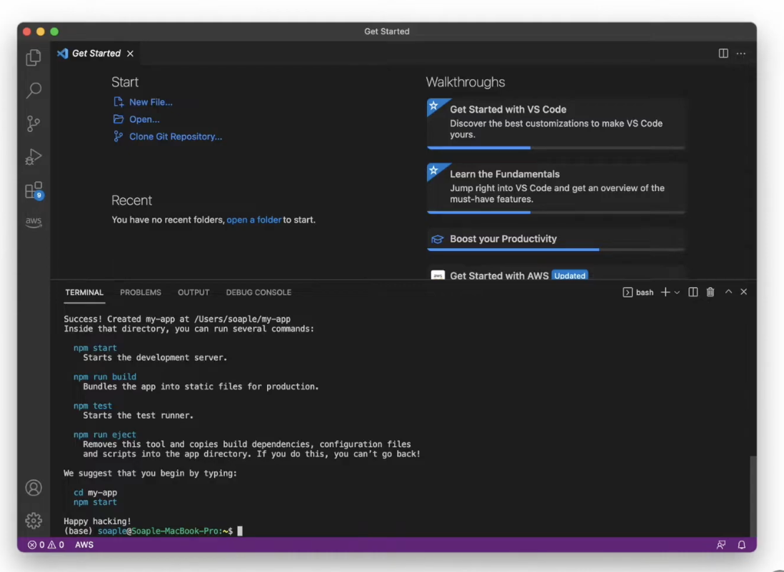 프로젝트 생성 완료 후 실행 명령어 안내가 출력된 터미널 화면