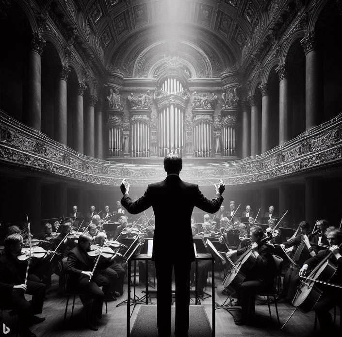 오케스트라 단원들과 연주를 지휘하는 지휘자의 모습