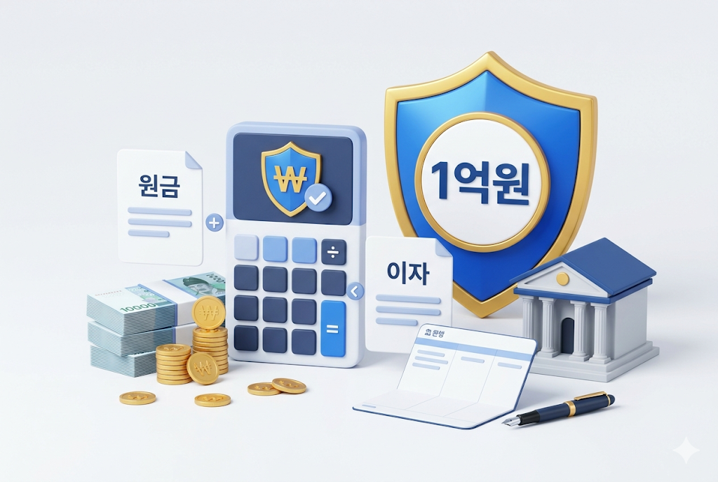 예금자보호 1억 원 한도와 원금 이자 계산을 설명하는 이미지