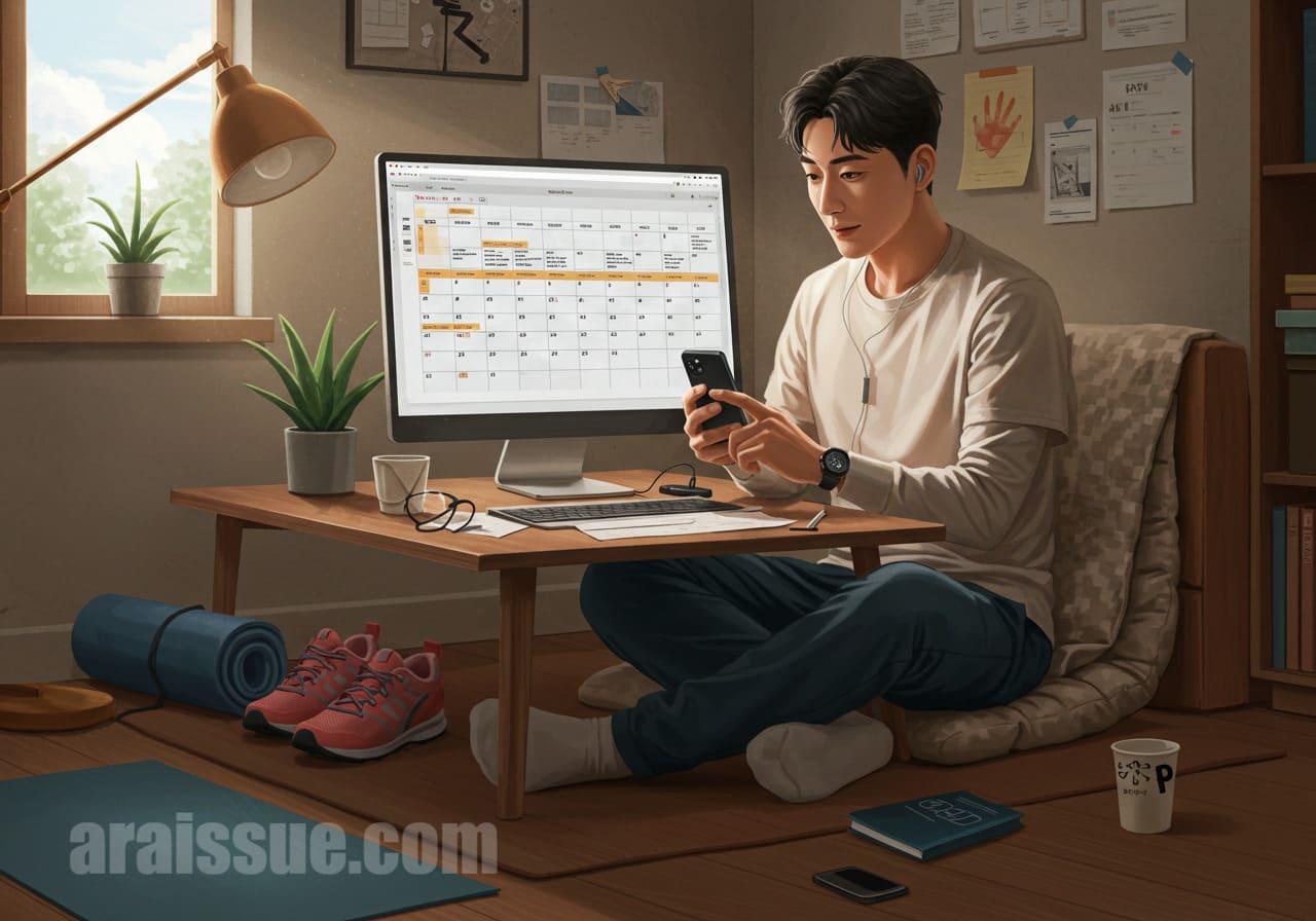 한국 성인이 집에서 운동용품과 함께 일정 관리 앱을 활용하여 생활습관을 조정하는 모습