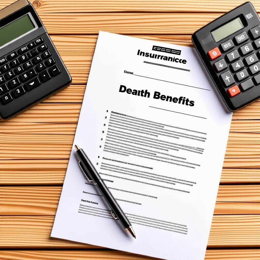보험 서류: 사망보험금 관련 서류가 테이블 위에 놓여 있는 이미지. 서류 위에 펜과 계산기가 함께 있는 모습