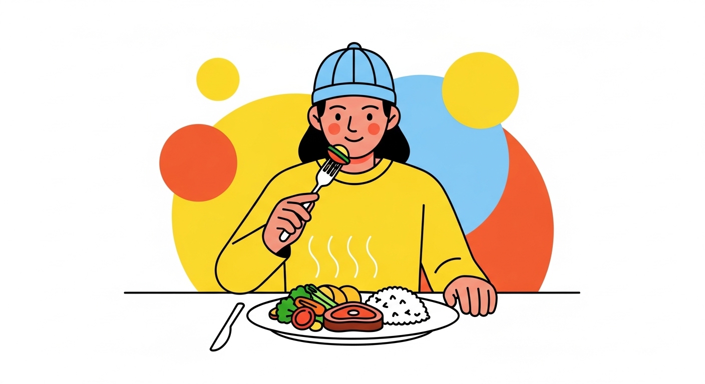 배고픈 사람이 음식을 먹고 있는 일러스트.