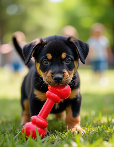 야외에서 장난감을 씹고 노는 강아지