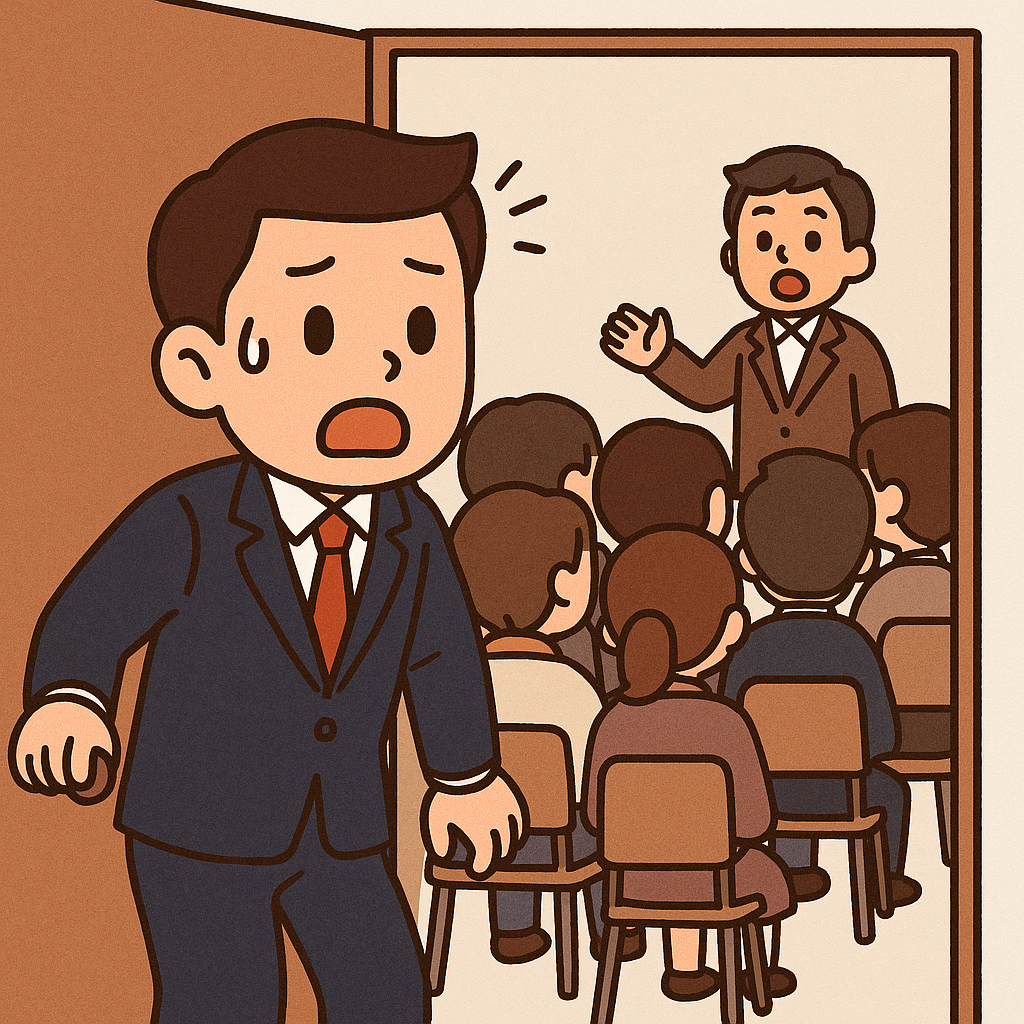 정장을 입은 구직자가 회의실 문을 열고 들어가자, 예상치 못한 설명회 분위기에 당황하고 있는 모습의 일러스트