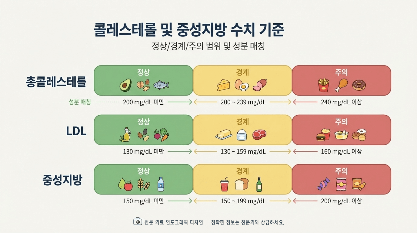 총콜레스테롤 LDL 중성지방 항목별 경계와 주의 구간 성분 매칭