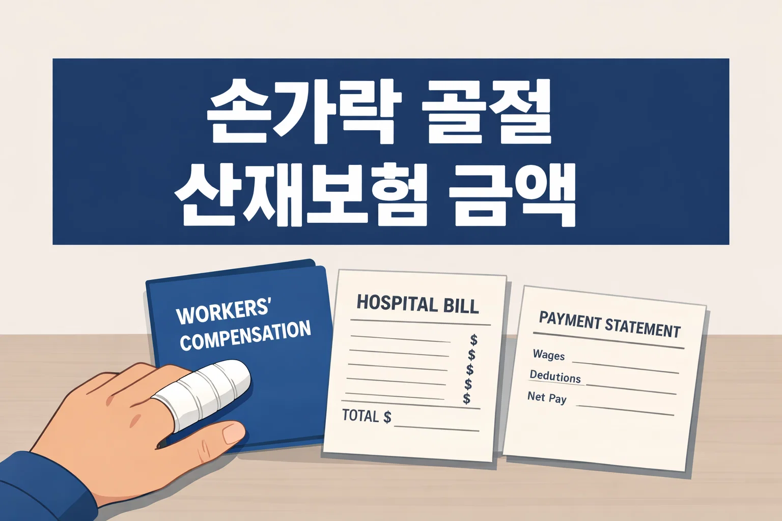 손가락 골절 산재보험 금액을 볼 때 치료비와 휴업급여, 장해 여부에 따라 왜 차이가 생기는지 핵심 구조를 보여주는 썸네일 이미지