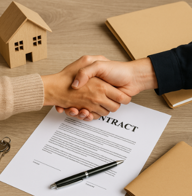 시골 셰어하우스 계약 장면을 상징하는 이미지로, 계약서 위에서 손을 맞잡은 모습과 작은 목재 주택 모형, 열쇠, 펜이 함께 놓인 장면
