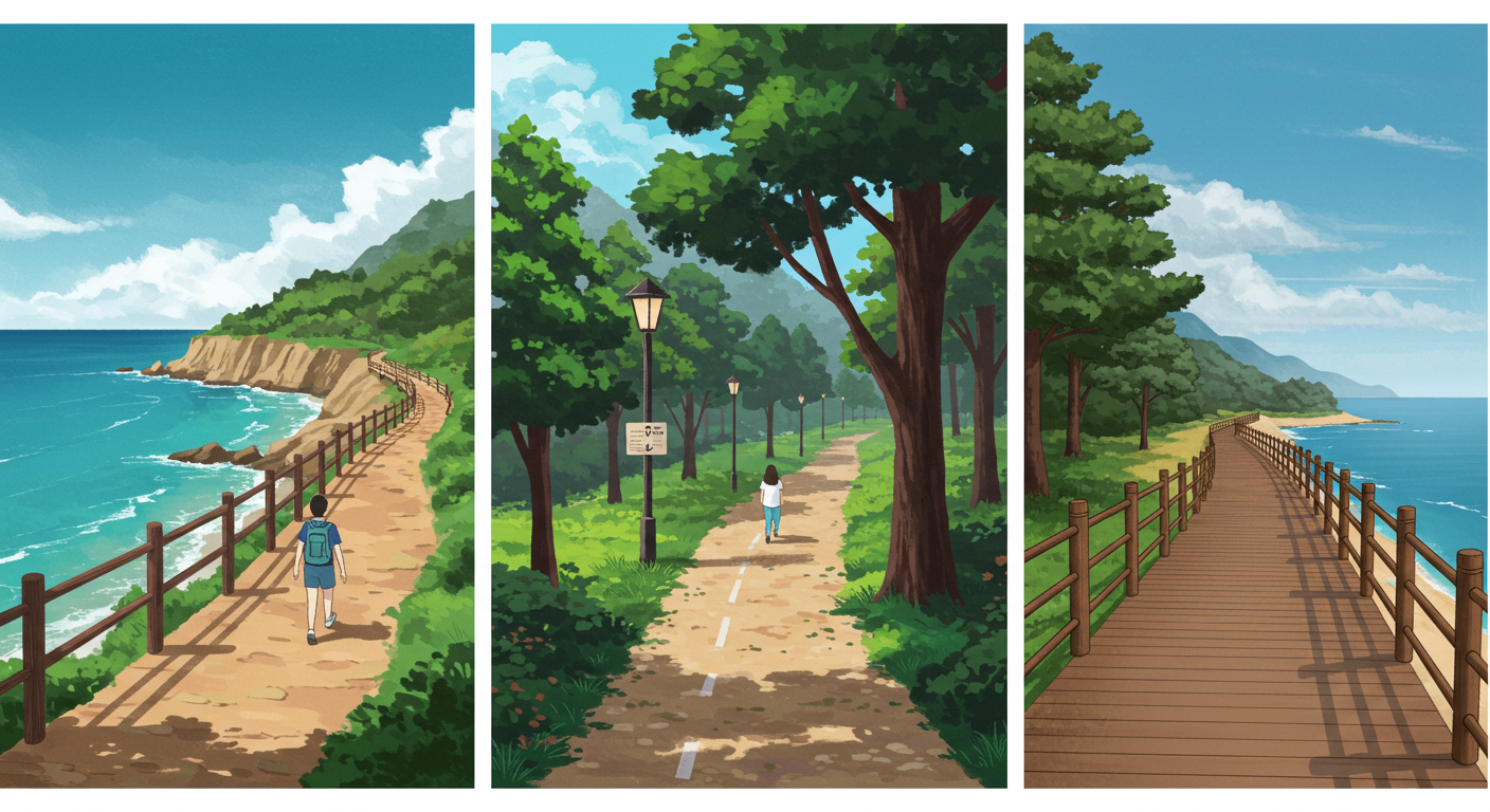 부산의 감성 산책코스 세 곳을 담은 바다, 숲, 도심 일러스트