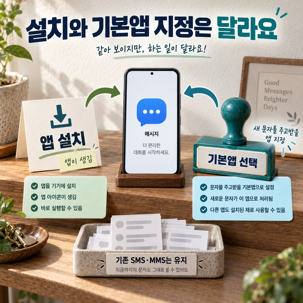 문자앱 설치와 새 문자 수신&middot;발신 기본앱 선택의 차이
