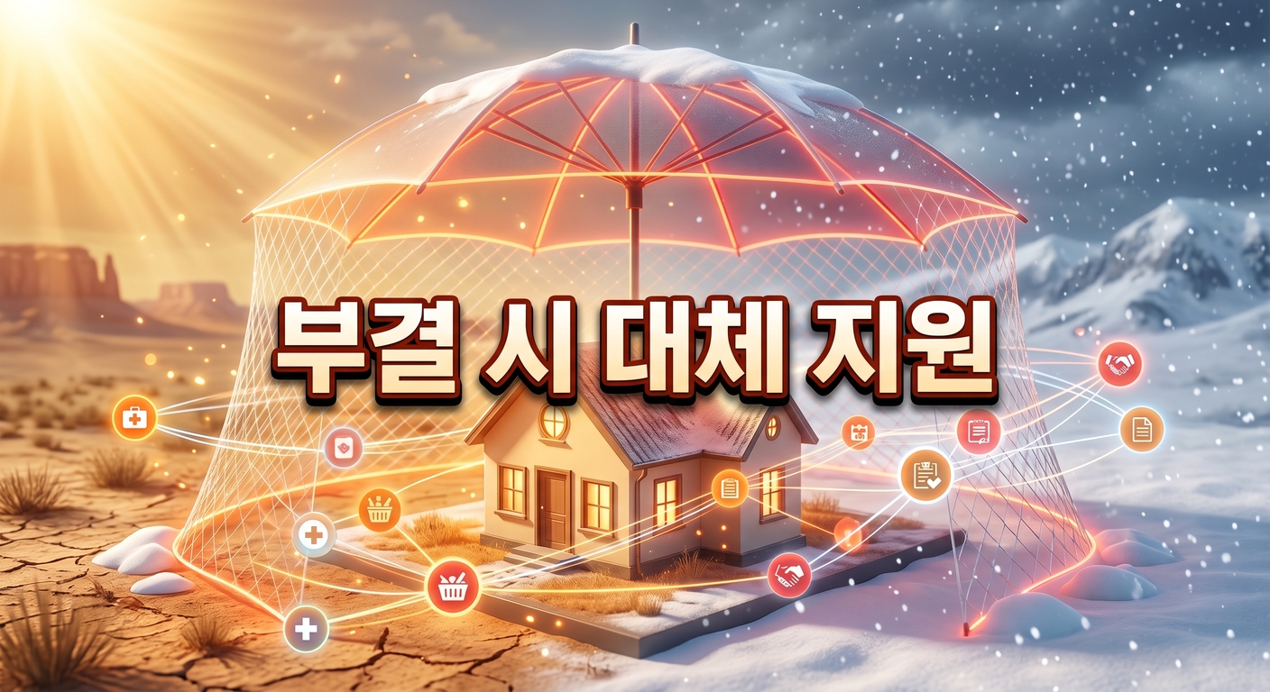 폭염과 한파 등 극한의 날씨로부터 집을 보호하는 튼튼한 안전망과 우산 위로 다양한 복지 서비스 매칭 노드가 연결되는 3D 일러스트 배경에, 짙은 그림자와 외곽선으로 선명하게 강조된 '부결 시 대체 지원'이라는 한글 문구가 중앙에 적힌 이미지