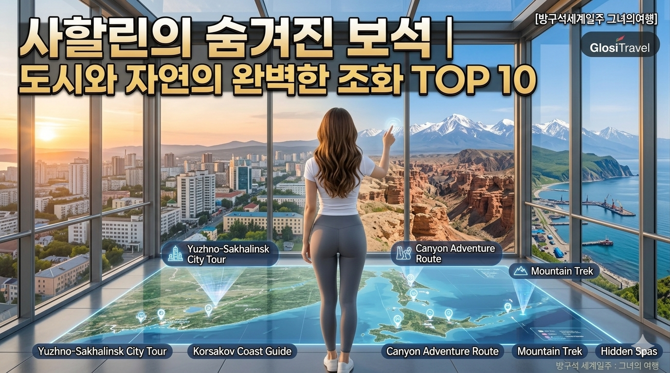 [사할린 여행 가이드 TOP 10] 유즈노사할린스크의 황홀한 전망이 한눈에 내려다보이는 현대적인 전망대에서, 흰색 티셔츠와 회색 레깅스를 입은 여성 여행자(뒤태)가 바닥에 펼쳐진 인터랙티브 지도 위의 숨겨진 명소들을 가리키는 모습. 지도에는 '사할린의 숨겨진 보석 ❘ 도시와 자연의 완벽한 조화 TOP 10'이라는 한글 문구와 함께 'City Tour', 'Korsakov Coast Guide', 'Canyon Adventure Route', 'Mountain Trek', 'Hidden Spas' 등의 한영 혼용 라벨이 입체적으로 표시되어 있다. 상단에는 '[방구석 세계일주 그녀의여행] GlosiTravel' 로고가 있으며, 만년설이 덮인 압도적인 산맥과 항구 도시의 전경이 자연스럽게 이어져 사할린만의 독특한 매력을 한눈에 보여주는 고화질 이미지.